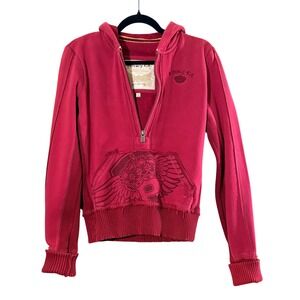 Privacy CA Women Y2K Raspberry Crown Wing Graphic 1/4 Zip Hoodie Sweatshirt SzS